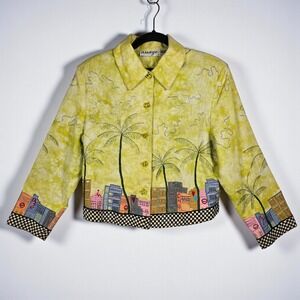 Anage Women's Tropical Cityscape Embroidered Lime Green Jacket Woman Small 1990s